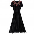 Spring temperament short-sleeved women's new embroidered applique beaded waist slim lace big swing dress