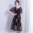 Spring new embroidery elegant round neck dress mid-sleeved chiffon long two-piece skirt