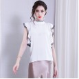 Spring New Chiffon Lotus Leaf Sleeve Lace Trim Shirt High Collar Elegant Solid Color Top Women