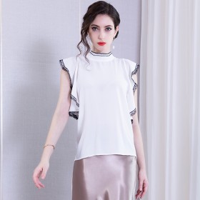 Spring New Chiffon Lotus Leaf Sleeve Lace Trim Shirt High Collar Elegant Solid Color Top Women