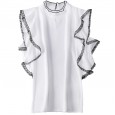 Spring New Chiffon Lotus Leaf Sleeve Lace Trim Shirt High Collar Elegant Solid Color Top Women