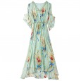 V-neck printed elasticated thin chiffon dress elegant irregular new summer