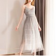Slim polka dot chiffon long dress elegant V-neck mesh new spring women's clothing