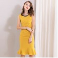 Spring new beaded round neck fishtail bag hip folds thin step dress women