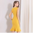 Spring new beaded round neck fishtail bag hip folds thin step dress women