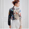 Printed contrast color flower shirt top women's fashion retro mulberry silk shirt