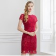 Early spring new women's disc flower round neck short sleeve heavy industry embroidery mesh yarn bag hip one-step dress