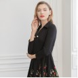 Early spring new three-dimensional decorative embroidery retro dress seven-point sleeve women were thin A-line skirt