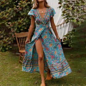 Women's Spring New Dress Bohemian Swing V-neck Beach Holiday Lace Print Skirt