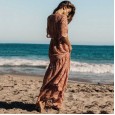 Spring and summer hot pink lace dress loose elastic thin waist sleeves big swing beach holiday sunscreen skirt