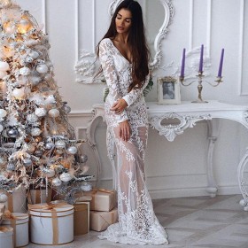 Lace dress skirt deep V long sleeve embroidered sexy nightclub light dress dress