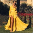 Summer new women's bohemian deep V-neck dress with long slits and long skirt