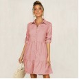 Autumn and winter big swing lapel single-breasted shirt female dress mid-sleeved solid color woven