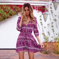Summer Women's Printed Dress V-Neck Single-Breasted Skirt