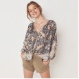 Summer new women's loose printed blouse boho long-sleeved V-neck shirt