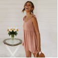 Spring New Round Neck Tie Strap Dress Swing Pleated Midi Skirt