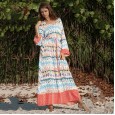 Hot Women's Dress Long Sleeve Big Wave Print Loose V-neck Long Skirt