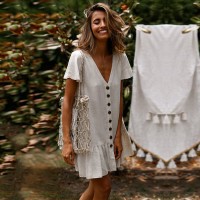 Single-breasted deep V-neck cotton and linen dress spring and summer