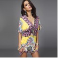 Large size women's v-neck milk silk bohemian print mid-length skirt beach dress hot