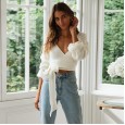 Knitwear new autumn and winter women's long-sleeved lace deep V-neck top