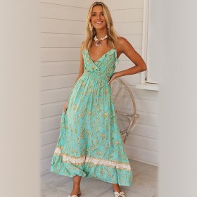 Spring and summer new bohemian print ruffled big swing type V-neck strap dress