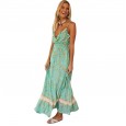 Spring and summer new bohemian print ruffled big swing type V-neck strap dress