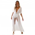 Spring and summer new sexy temperament holiday style deep V-neck solid color loose lace dress beach long skirt