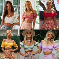 Spring and summer new style wind lantern short-sleeved square V-neck exposed navel back straps pleated solid color short coat