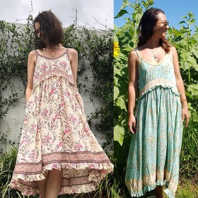 Spring and summer new bohemian holiday style printed ruffled suspenders women's dress
