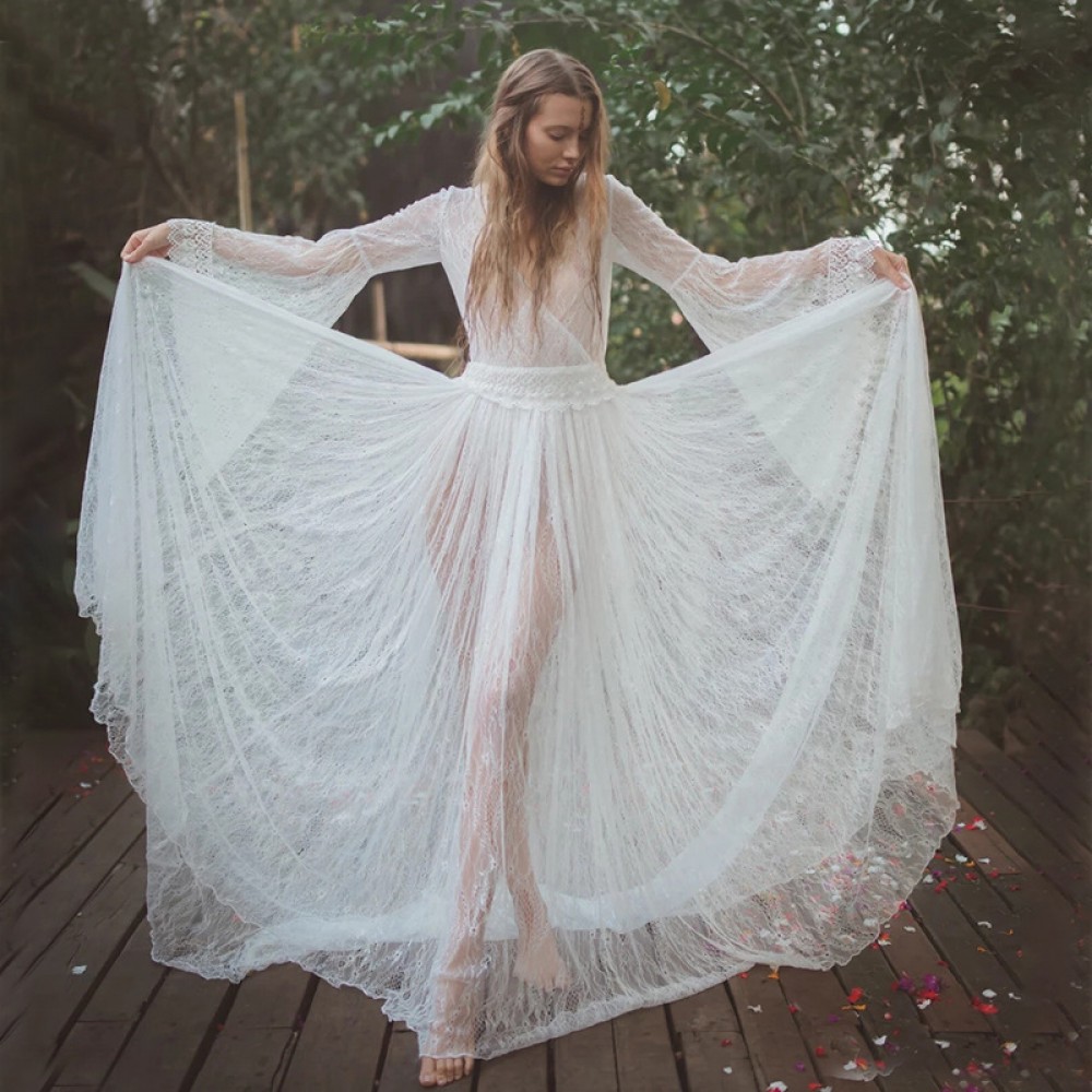Spring and summer new transparent lace trumpet long-sleeved V-neck big swing sexy dress