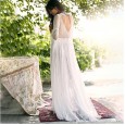 Spring and summer new transparent lace trumpet long-sleeved V-neck big swing sexy dress