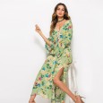 Spring and summer hot new products with trumpet sleeves V-neck printing split long dress new women's clothing
