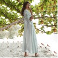 New Women's Spring Wear Big Stripe Tassel V-neck Short Sleeve Robe Dress Bohemian Beach Holiday Skirt