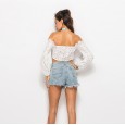 Spring new long-sleeved hollow lace strapless strapless strapless women's solid color new top