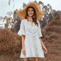Spring and summer new solid color stitching ruffle fringed neckline lace trumpet sleeve dress