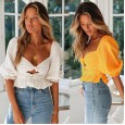Summer new short sexy women's summer crossover lantern sleeves backless lace-up women's clothing