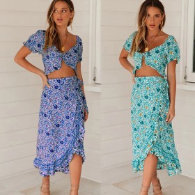 New bohemian holiday style irregular skirt short section exposed navel top two-piece suit