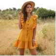 Fashionable women's summer new yellow V-neck ruffled foam lace dress