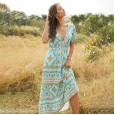 New Hot Sale Summer Bohemian Fashion Print Long V-Neck Dress Women