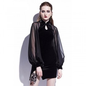 Autumn and winter new women's button stand collar sexy long-sleeved black fleece fashion top