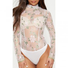 Fashion sexy stand collar long sleeve one-piece lace shirt