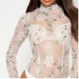 Fashion sexy stand collar long sleeve one-piece lace shirt