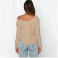 Autumn and winter new solid color striped off-shoulder V-neck exposed navel short long-sleeved sexy sweater