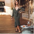 Autumn women's new dress long-sleeved clothing fashion bag hip lotus leaf sexy solid color V-neck skirt