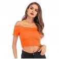 Summer new women's fashion fungus earrings T-shirt top word collar exposed navel short sleeves