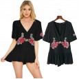 Autumn women's sexy wild V-neck embroidery printed jumpsuit skirt