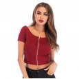 Personalized zipper short-sleeved T-shirt women's summer slim slim short top