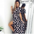 Vintage floral V-neck slit short sleeve chiffon dress holiday beach skirt