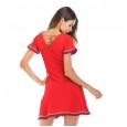 Women's Retro Fringed Knit Dress V-Neck Back Banding Short Sleeve Waist A-line Skirt