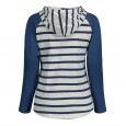 New spring fashion casual blue striped pockets color matching V-neck hooded long-sleeved T-shirt female